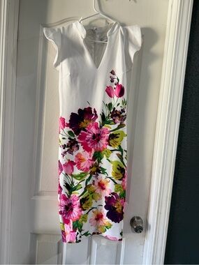 New York & Company White Midi Dress with Pink, Green & Purple Floral Print